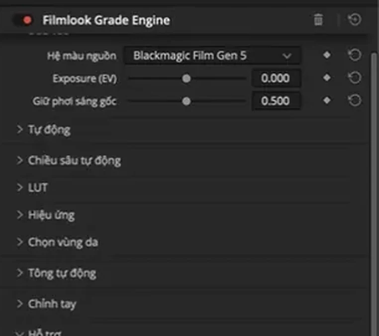 Bảng Filmlook Grade Engine tiếng Việt trong DaVinci Resolve