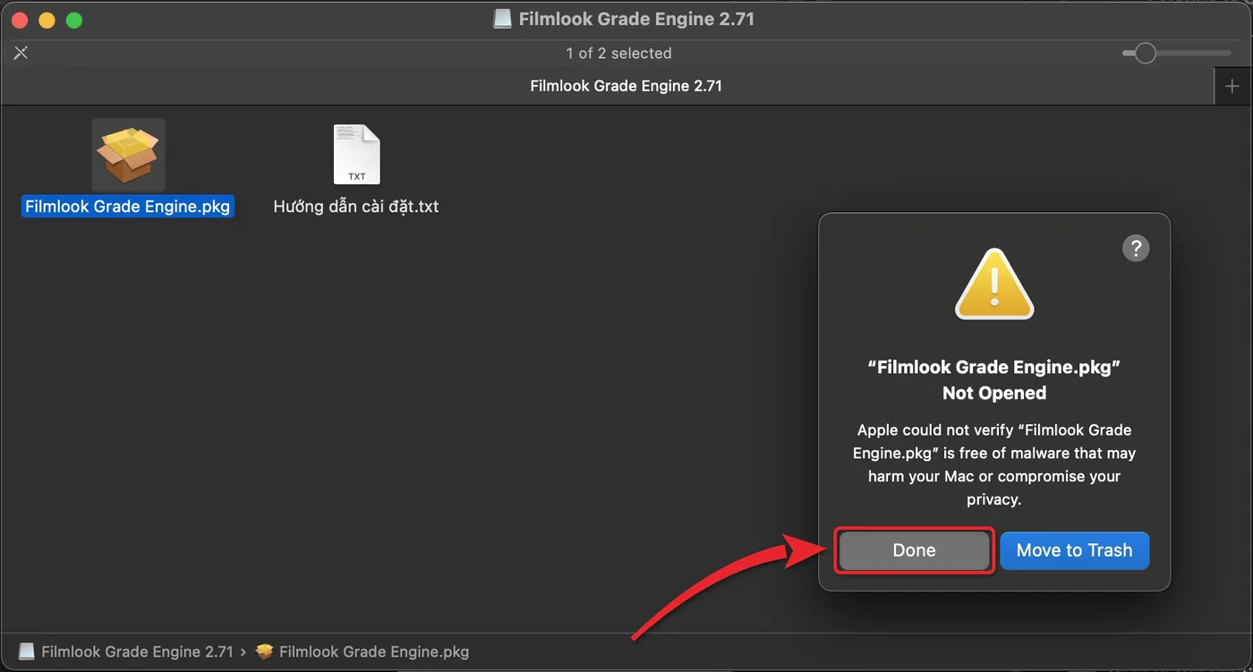 Hộp thoại macOS báo Filmlook Grade Engine.pkg Not Opened, nút Done được khoanh đỏ