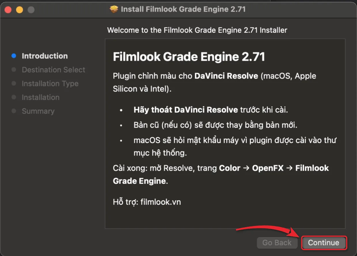 Màn hình giới thiệu của bộ cài Filmlook Grade Engine 2.71