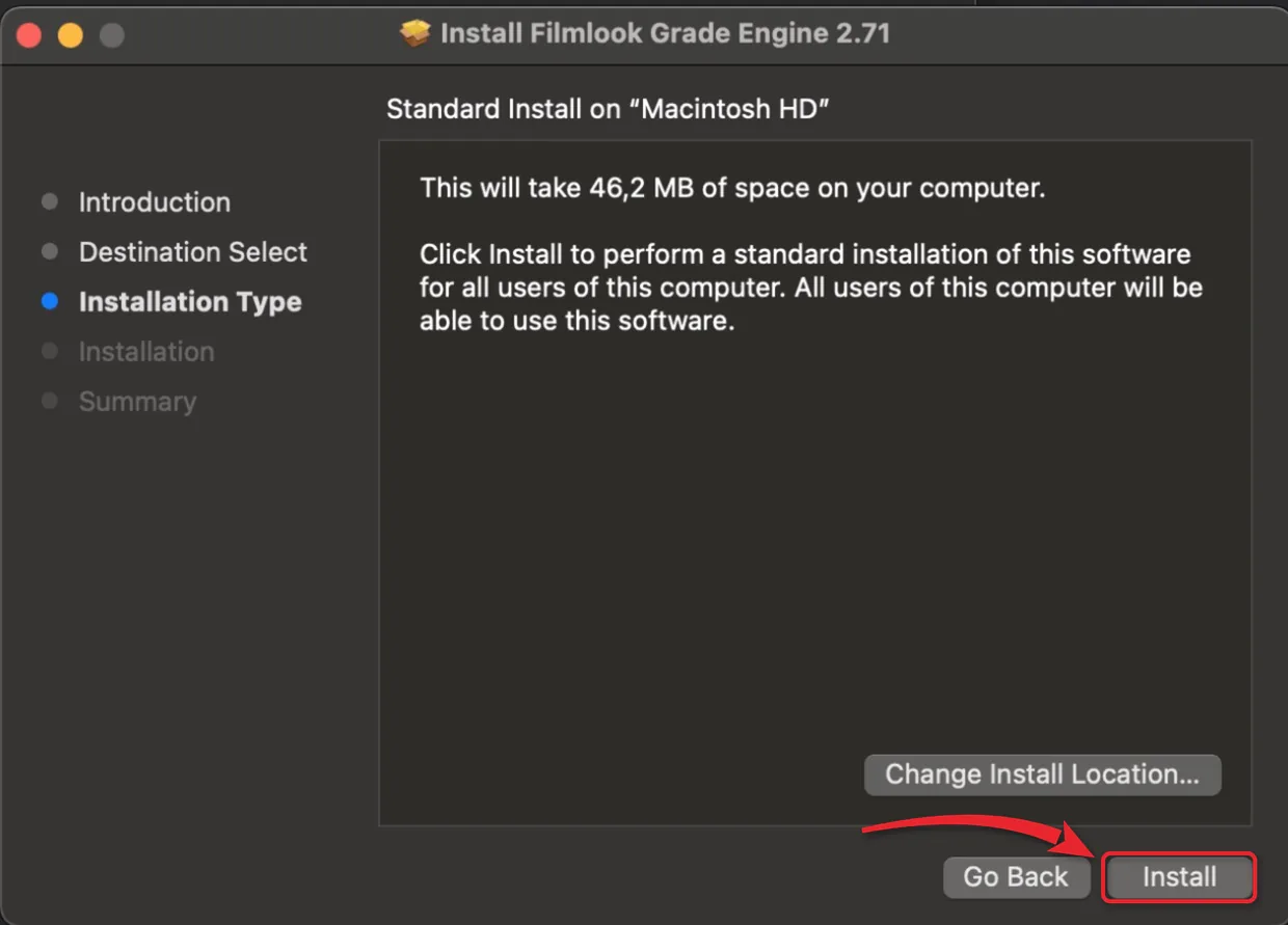 Bộ cài Filmlook Grade Engine ở bước Install