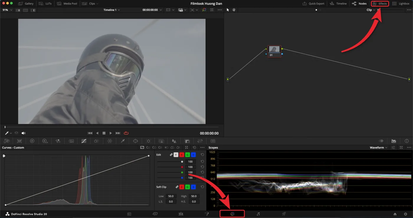 Trang Color của DaVinci Resolve, nút Effects và biểu tượng trang Color được khoanh đỏ