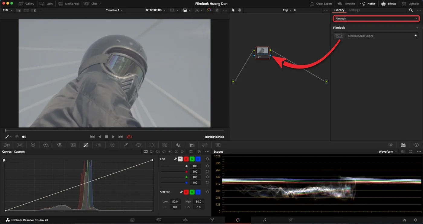 Tìm Filmlook trong thư viện Effects rồi kéo Filmlook Grade Engine vào node