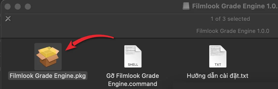 Cửa sổ Filmlook Grade Engine 1.0.0 với file Filmlook Grade Engine.pkg