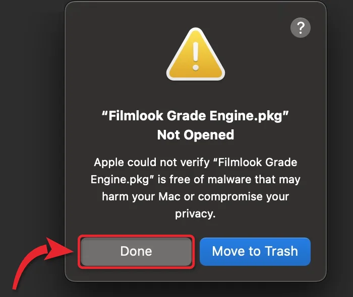 Hộp thoại macOS báo Filmlook Grade Engine.pkg Not Opened, nút Done được khoanh đỏ