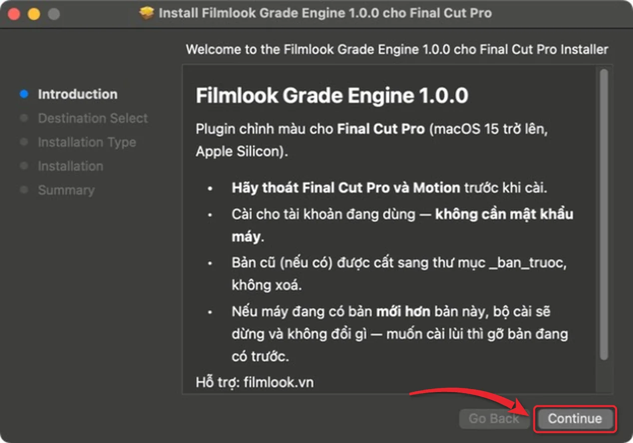 Màn hình giới thiệu của bộ cài Filmlook Grade Engine 1.0.0 cho Final Cut Pro, nút Continue được khoanh đỏ