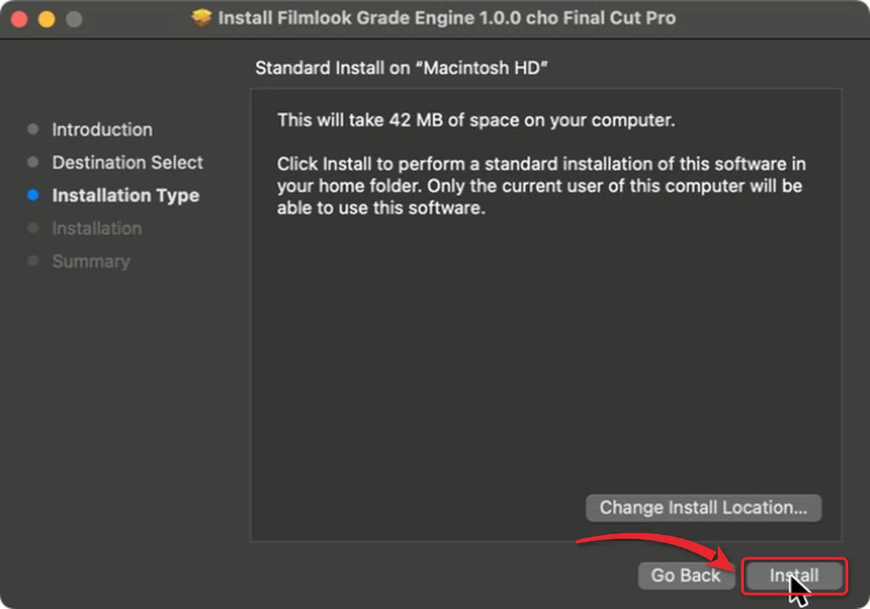 Bộ cài Filmlook Grade Engine cho Final Cut Pro ở bước Install, nút Install được khoanh đỏ
