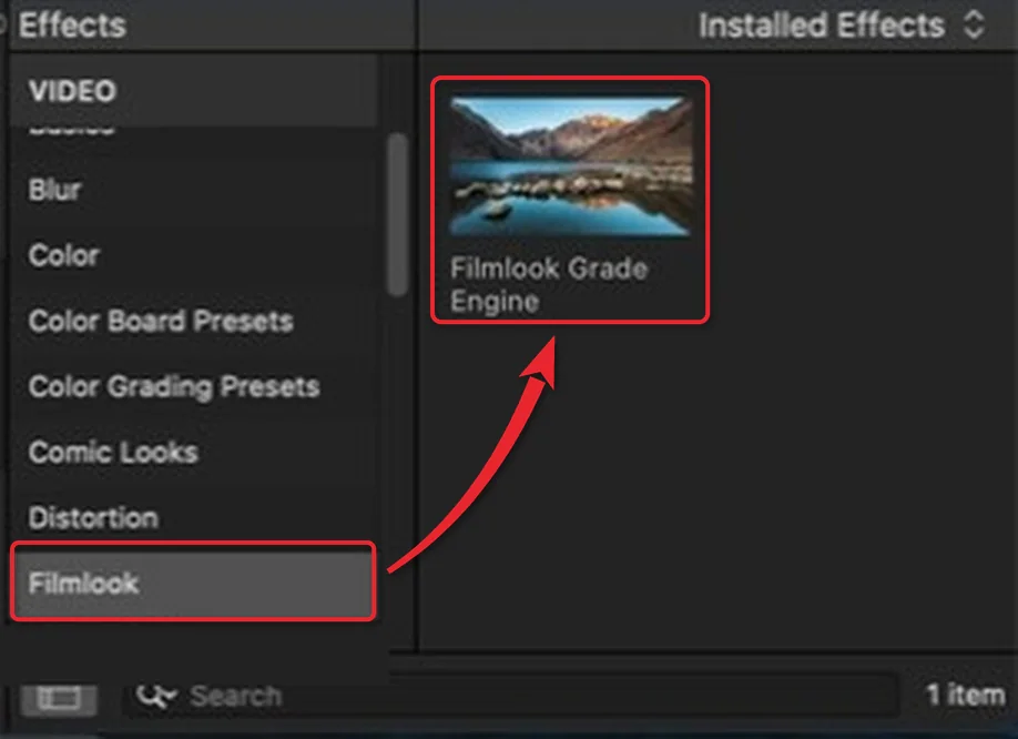 Trình duyệt Effects của Final Cut Pro, nhóm Filmlook và hiệu ứng Filmlook Grade Engine được khoanh đỏ
