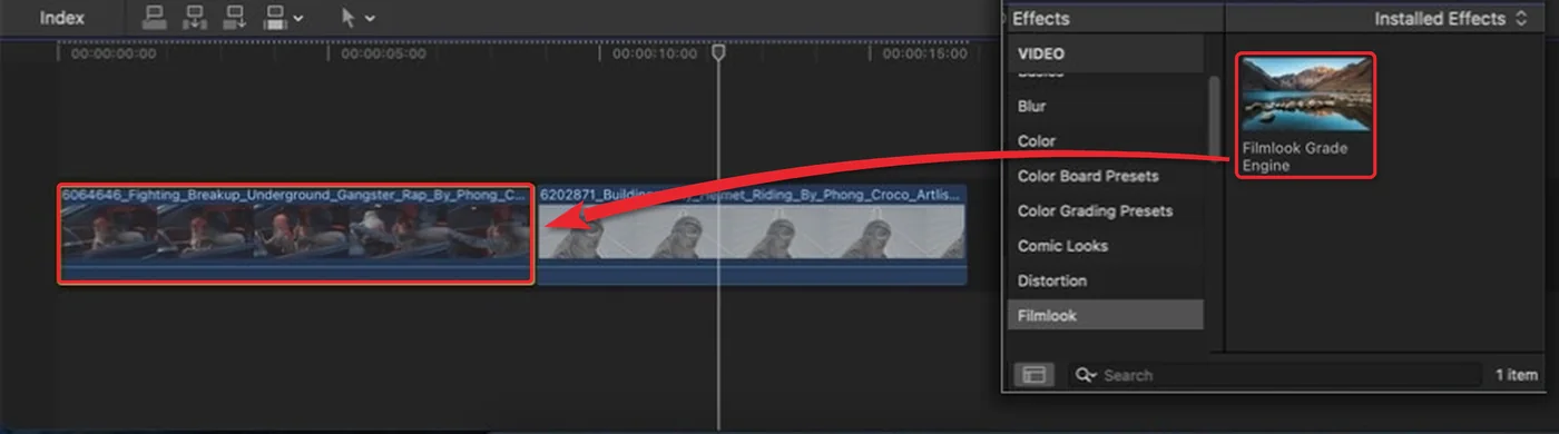 Kéo Filmlook Grade Engine từ trình duyệt Effects thả lên clip trên timeline