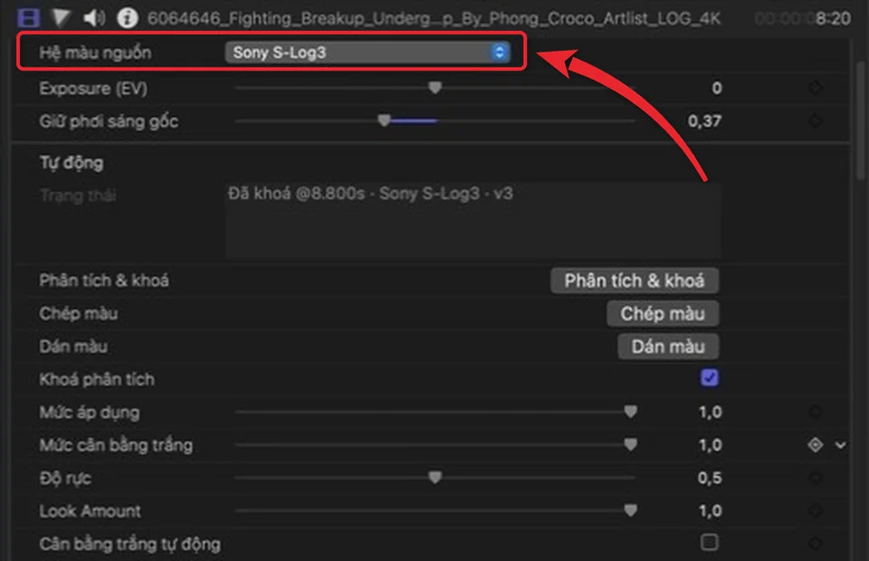 Inspector của Final Cut Pro với các nhóm của Filmlook Grade Engine, ô Hệ màu nguồn được khoanh đỏ