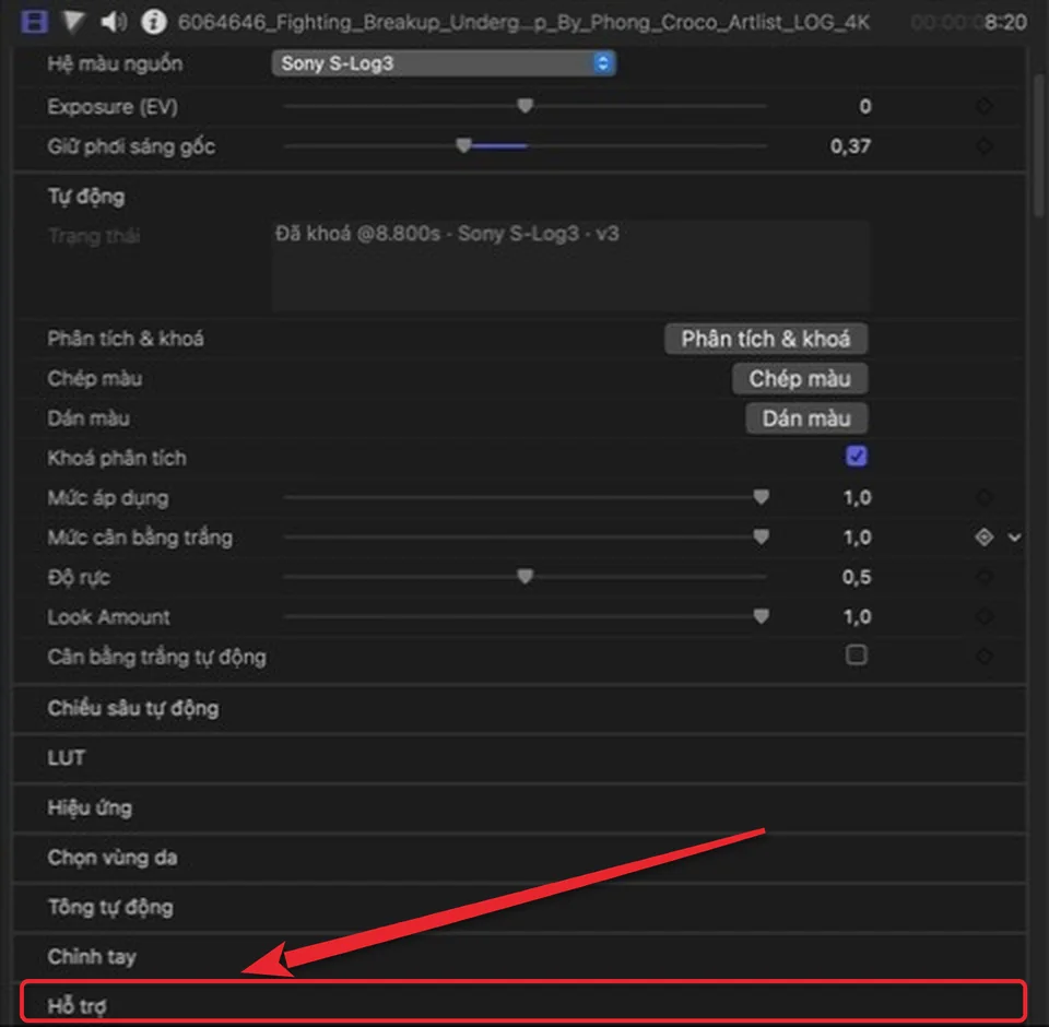 Inspector của Final Cut Pro, nhóm Hỗ trợ ở cuối danh sách được khoanh đỏ