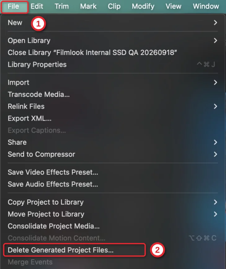 Menu File của Final Cut Pro: chữ File đánh số 1, mục Delete Generated Project Files đánh số 2