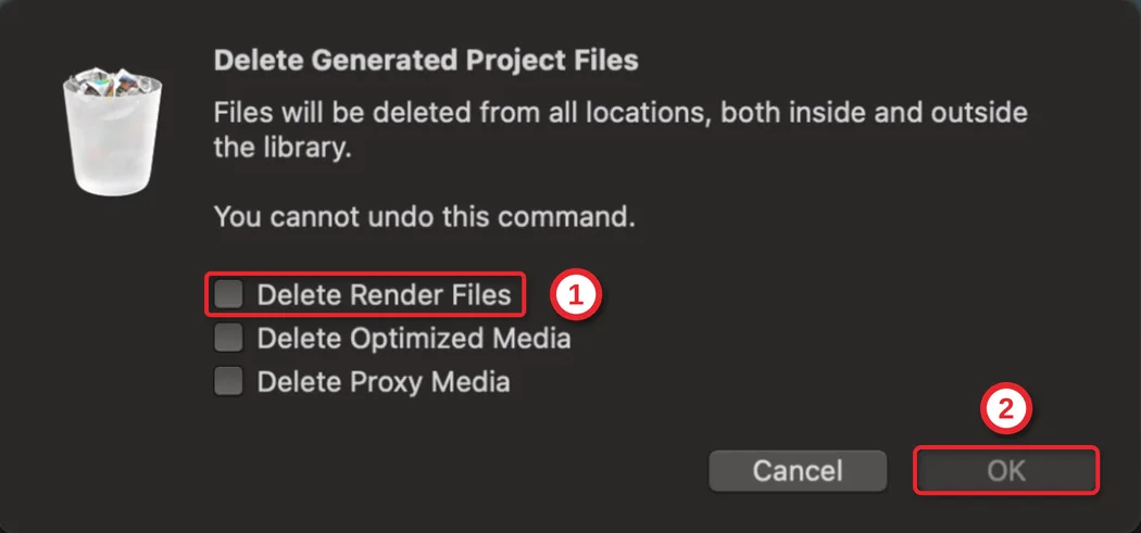 Hộp Delete Generated Project Files: ô Delete Render Files đánh số 1, nút OK đánh số 2