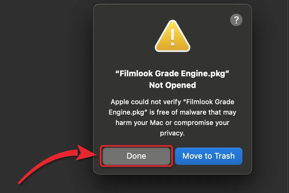 Hộp thoại macOS báo Filmlook Grade Engine.pkg Not Opened, nút Done được khoanh đỏ