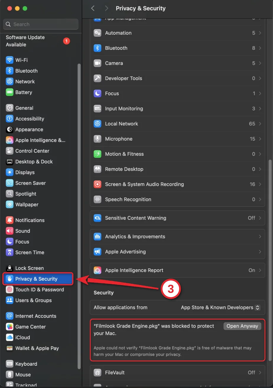 Cửa sổ System Settings, mục Privacy & Security ở cột trái được khoanh đỏ