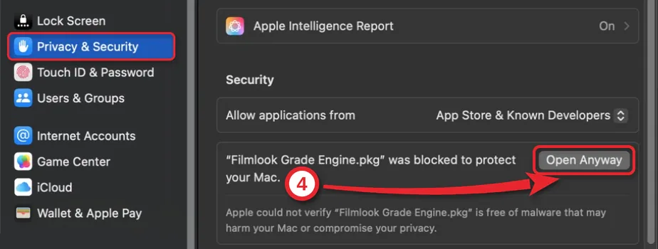 Dòng Filmlook Grade Engine.pkg was blocked, nút Open Anyway được khoanh đỏ