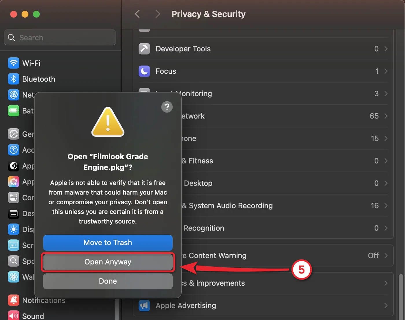 Hộp thoại macOS hỏi lại Open Filmlook Grade Engine.pkg, nút Open Anyway được khoanh đỏ