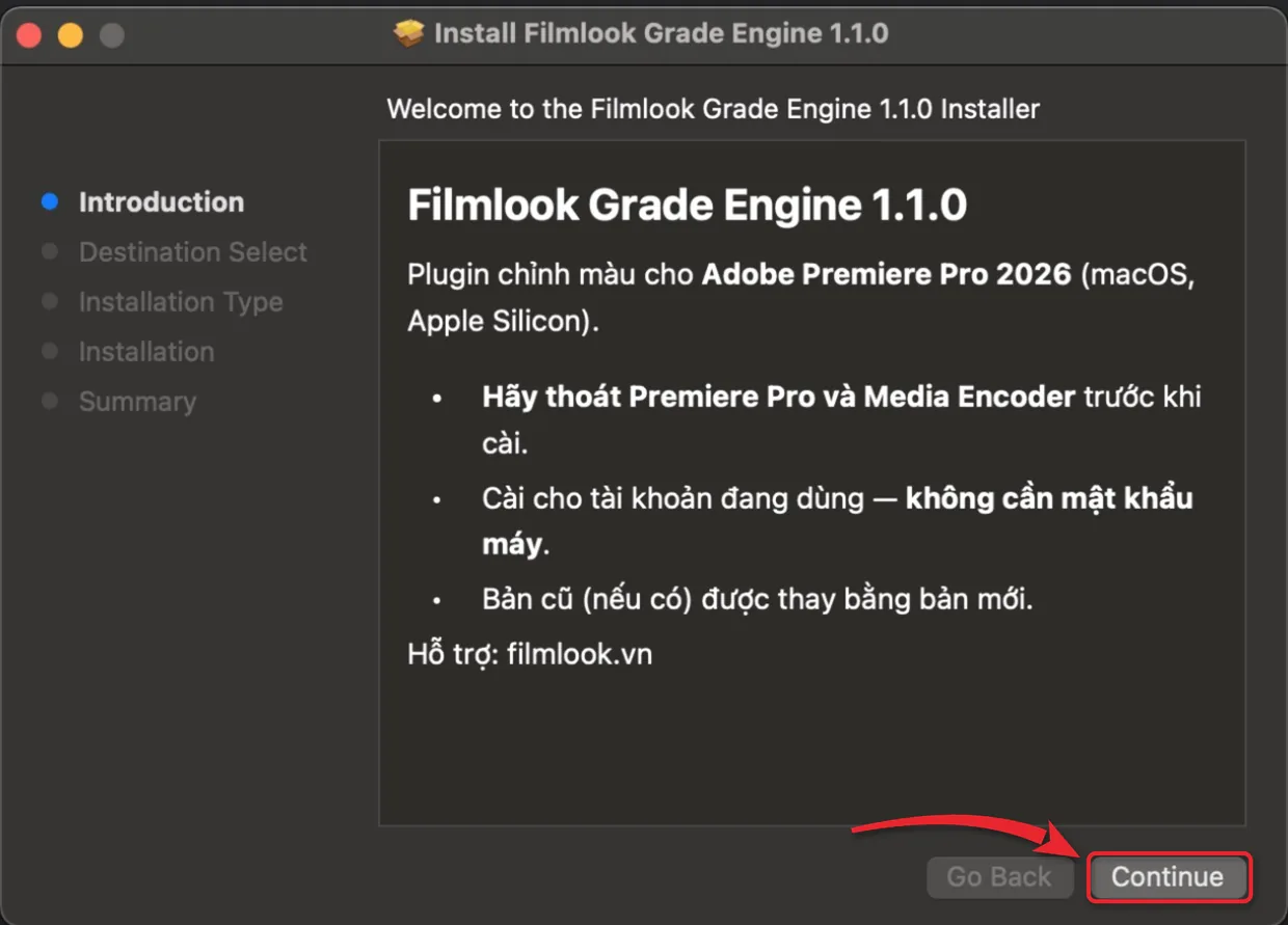 Màn hình giới thiệu của bộ cài Filmlook Grade Engine cho Premiere Pro