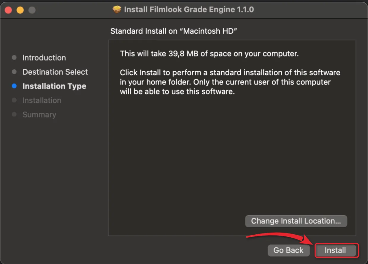 Bộ cài Filmlook Grade Engine cho Premiere Pro ở bước Install
