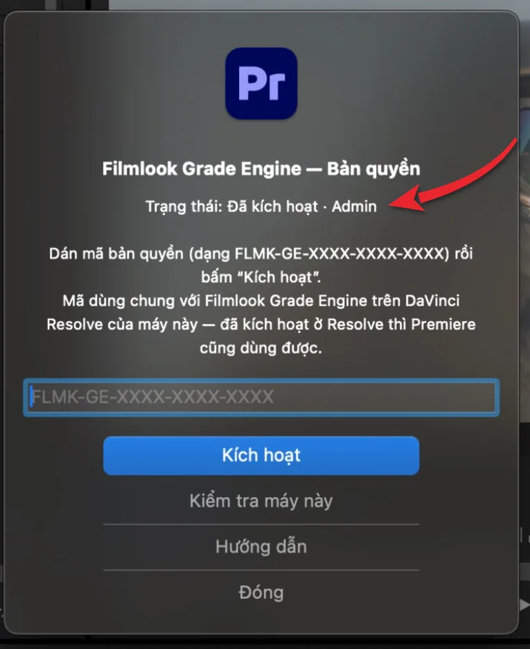 Hộp Bản quyền của Premiere Pro khi máy đã kích hoạt