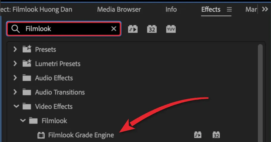 Bảng Effects của Premiere Pro tìm thấy Filmlook Grade Engine