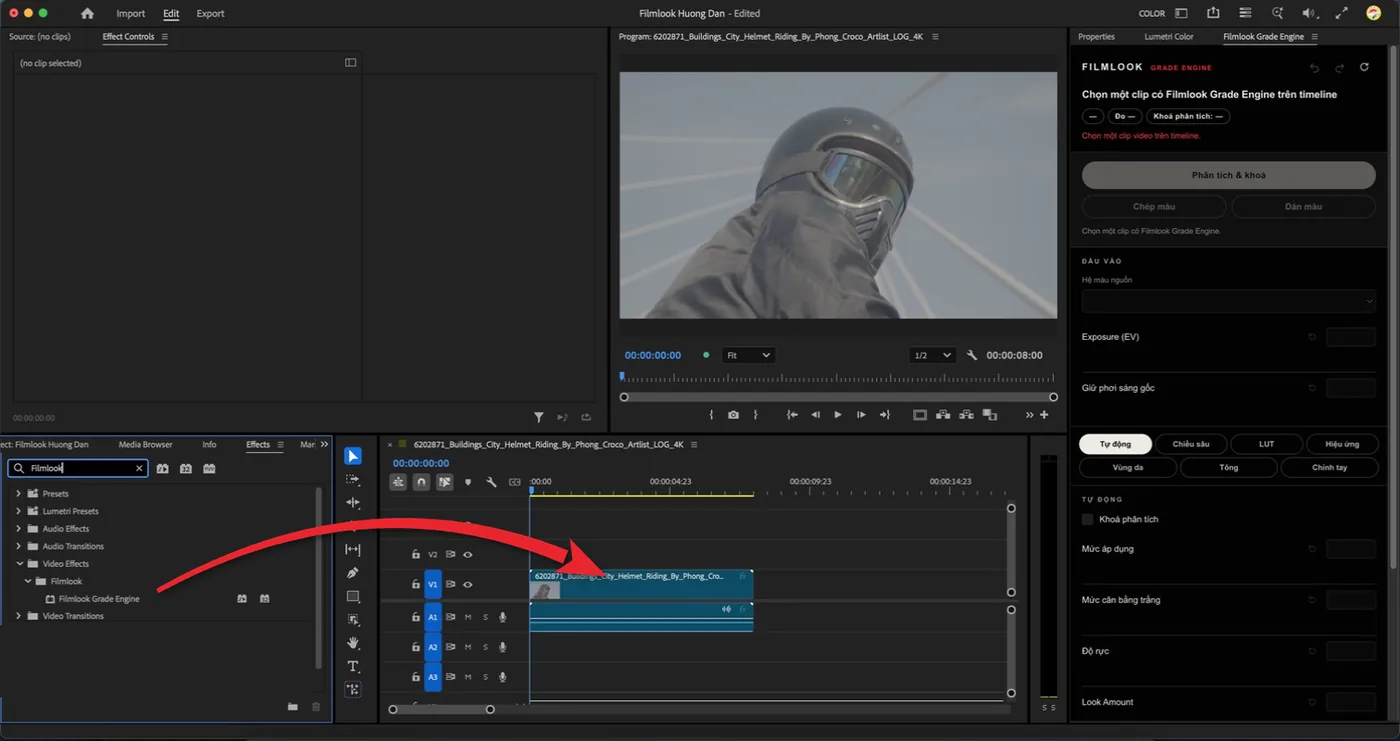 Kéo Filmlook Grade Engine thả lên clip trên timeline