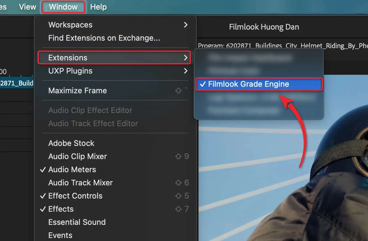 Menu Window, Extensions, Filmlook Grade Engine trong Premiere Pro