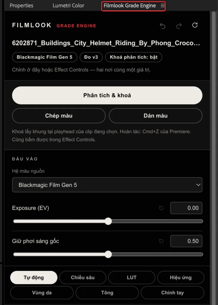 Panel Filmlook Grade Engine đã mở trong Premiere Pro