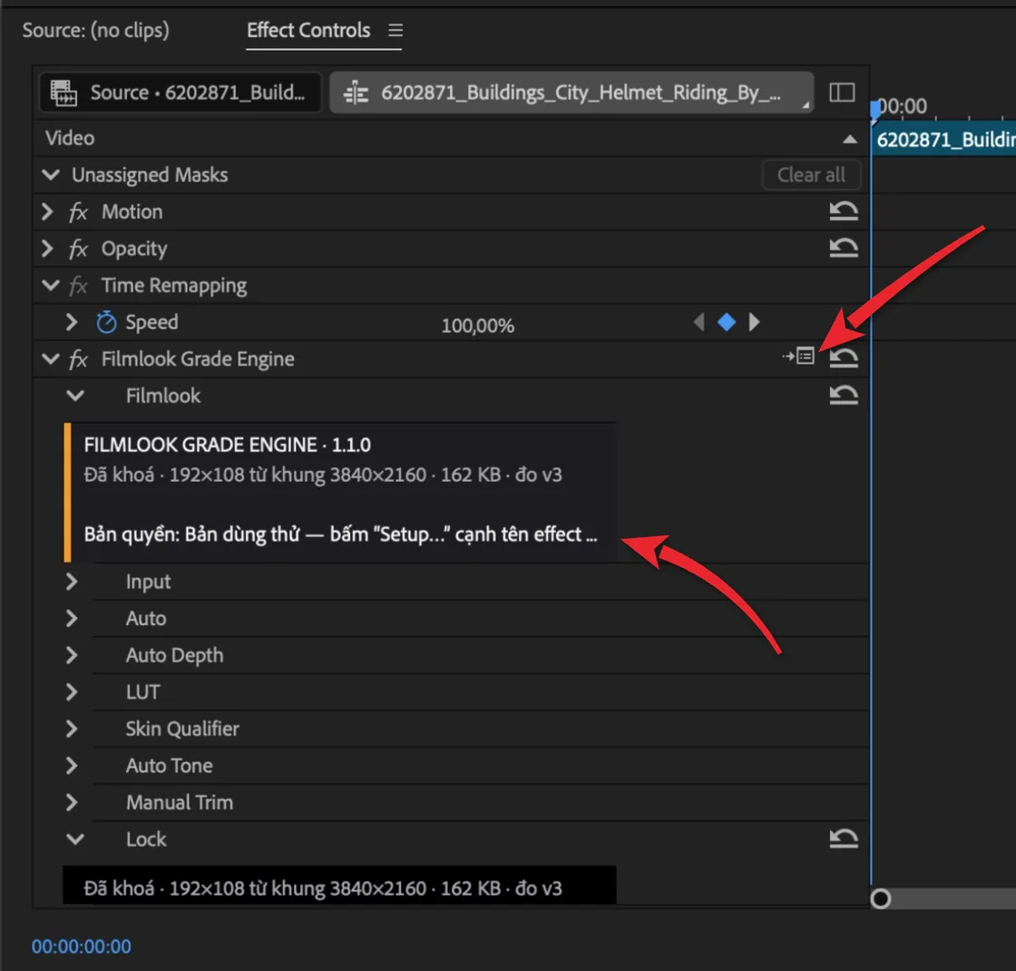 Effect Controls, dòng Bản quyền ghi Bản dùng thử và nút Setup được khoanh đỏ