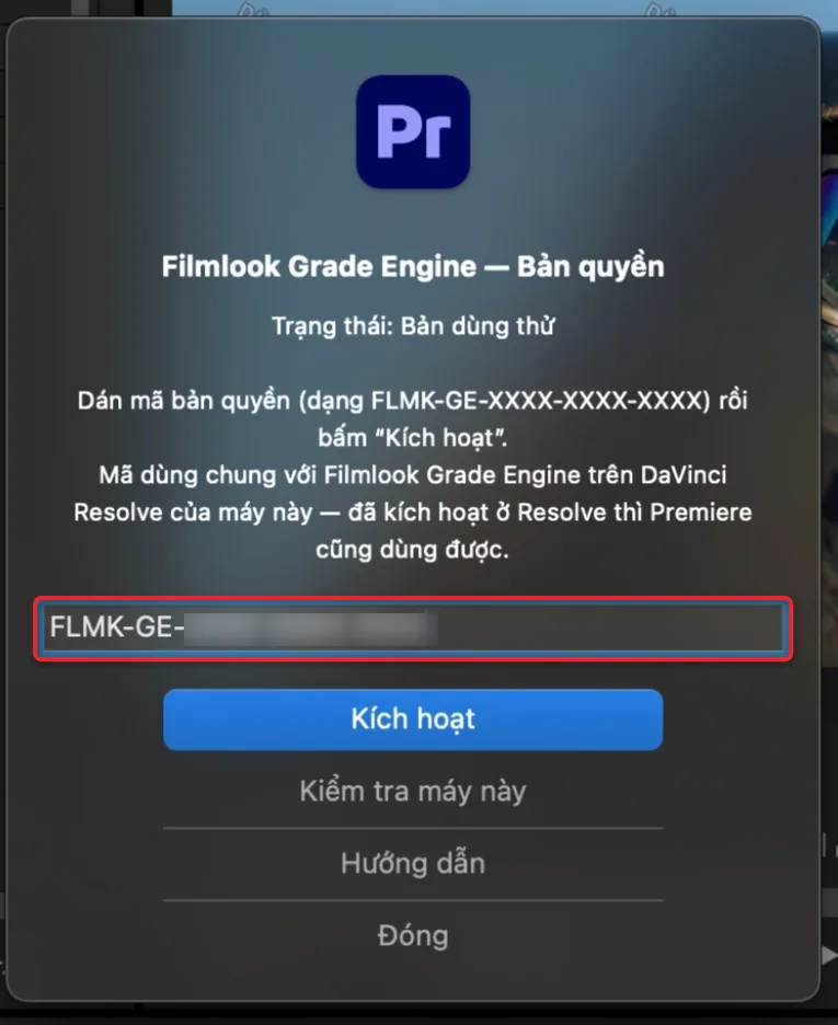 Hộp Filmlook Grade Engine Bản quyền, ô dán mã
