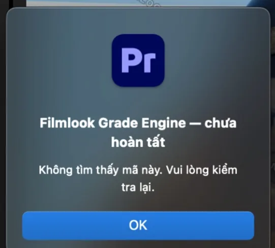 Premiere Pro báo Không tìm thấy mã này khi dán sai mã